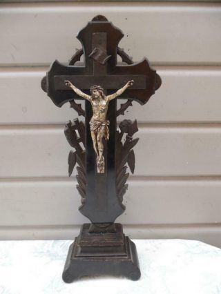 Large Antique Standing Black Forest Wood Crucifix - Tools Of Passion Hand Carved