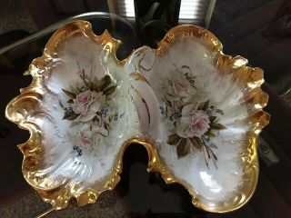 Rare Vintage C.  T.  Made In Germany Porcelain Gold Trimmed Handled Candy,  Nut Dish