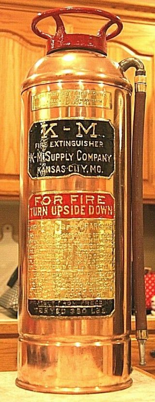 Rare Antique Vintage " K - M " Copper Brass Fire Extinguisher - Polished Restored