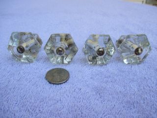 4 Matching Antique 1 1/2 Inch Wide 6 Sided Glass Drawer Pulls Knobs With Bolts