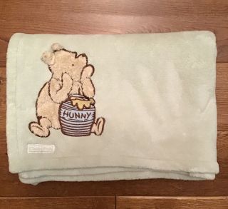 Classic Winnie The Pooh Baby Sage Green Soft Fleece Blanket Retired Rare Htf