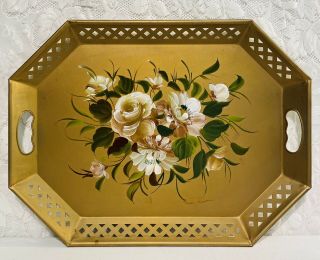 Vintage Nashco Hand Painted Metal Serving Tray 15 " X 20” Floral Roses Gold Tone