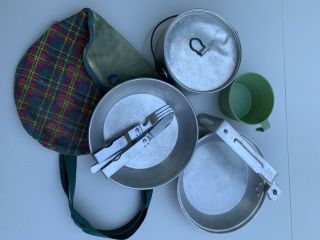 Vintage Girl Scout Regal Mess Kit With Rare Plaid Carry Bag Case