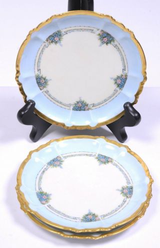 3 Antique Bavarian Rosenthal Hand - Painted Floral Ivory Blue Gold Bread Plates