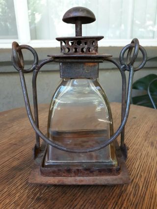 Primitive Vintage Cast Iron & Glass Domed Candle Lantern W/ Bale Handle
