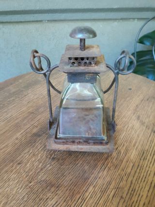 Primitive Vintage Cast Iron & Glass Domed Candle Lantern W/ Bale Handle 2