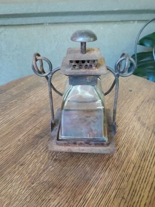 Primitive Vintage Cast Iron & Glass Domed Candle Lantern W/ Bale Handle 3