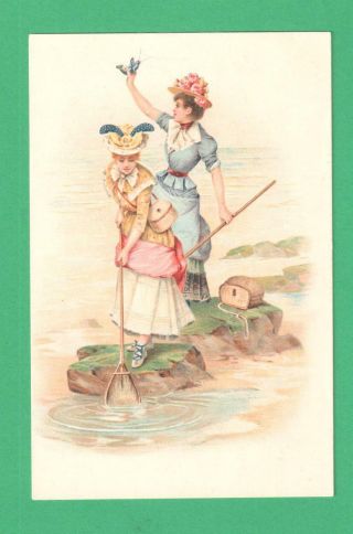 Rare Early Quality Litho Vintage Art Postcard Ladies Beach Lobster Fishing