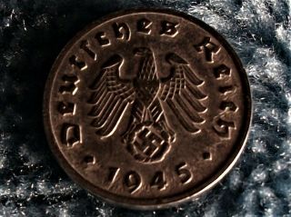 Rare Last Year Ww2 German 1945 A 1 Reichspfennig Coin Nazi Swastika Zinc Km 97