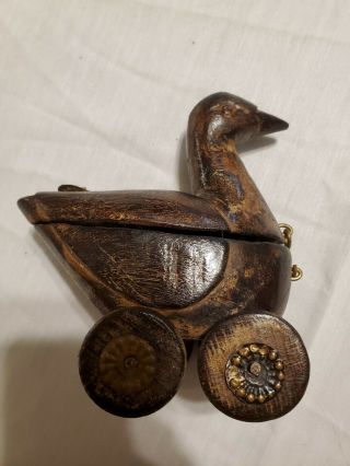 Hand Carved Wooden Duck On Wheels Spice Box Figurine Rare Vintage Toy