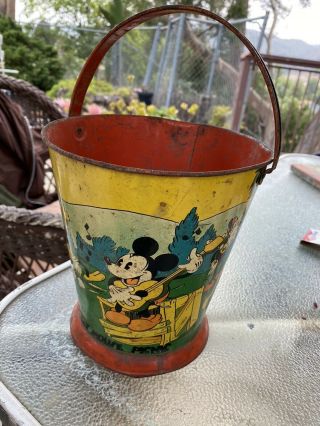 Vintage 1930’s Walt Disney Mickey Minnie Pluto Picnic Tin Litho Pail Rare 2