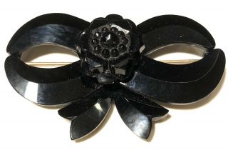 Antique Victorian French Jet Or Black Vauxhall Glass Mourning Bow Brooch Pin 7cm
