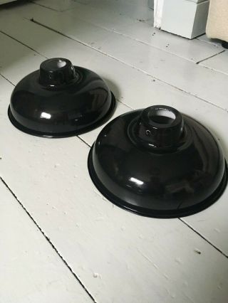Two Vintage Black Enamel Pendant Light Shade With Fixtures -