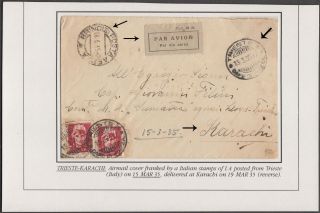 Italy Trieste 1935 Rare Airmail Franked Cover To Karachi India