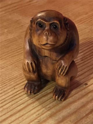 Netsuke Monkey Japanese Wooden Figure Sculpture With Glass Eyes 4.  5cm