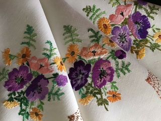 Exquisite Vintage Linen Hand Embroidered Tablecloth Floral Displays
