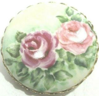 Vintage Antique Porcelain Painted Gilded Roses Flower Round Gold Tone Brooch Pin