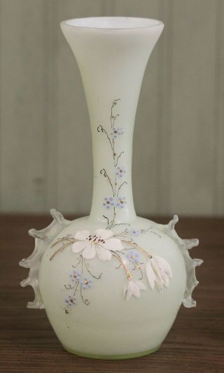 Antique Victorian Art Glass Enameled Vase W/ Applied Handles Decoration