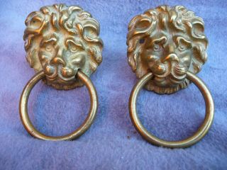 Antique Pair French Gilt Brass Lion Face Handles Clock Furniture Fitting 1900s