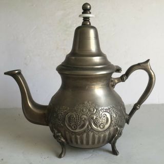 Vintage Signed S.  A.  D.  F.  Islamic Persian White Metal Repousse Teapot 9 1/8 "