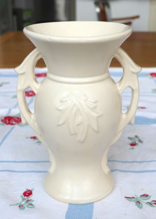 Antique Mccoy Matte White Leaf Vase Double Handle 1940 