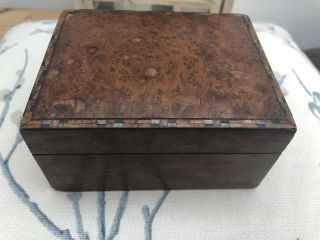 Vintage Handmade Burr Walnut Veneer Box with Marquetry Edging - TLC Required 1 2