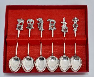 Boxed Set Of 6 Sterling Silver Coffee Spoons Figural Asian Motif With Inset Gems