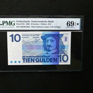 1968 Netherlands 10 Gulden,  Pick 91b,  Pmg 69 Epq.  Rare Pmg Star Designation