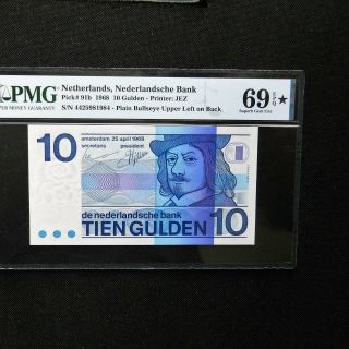 1968 Netherlands 10 Gulden,  Pick 91b,  PMG 69 EPQ.  Rare PMG Star Designation 2