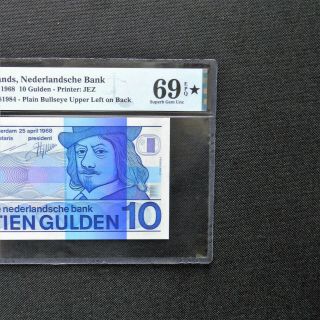 1968 Netherlands 10 Gulden,  Pick 91b,  PMG 69 EPQ.  Rare PMG Star Designation 3