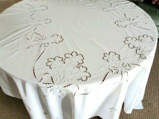 Vintage Rectangle White Tablecloth - Hand Embroidered - 100 Cotton 72 " ×90 "