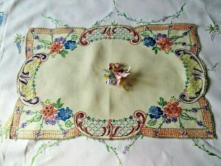 Vintage Hand Embroidered Tray Cloth - Assortment Of Flowers -