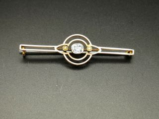 Antique Art Deco 9 Carat Gold Seed Pearl And Aquamarine Bar Brooch 3g [308]