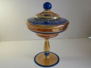 Antique Czech Flashed Carnival Glass & Hand Done Decorations Candy Dish W/ Lid