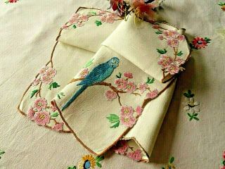 VINTAGE HAND EMBROIDERED TRAY CLOTH - SWEET BLUE BUDGIE & PINK APPLE BLOSSOM 2