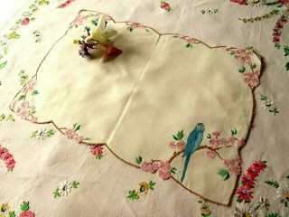 VINTAGE HAND EMBROIDERED TRAY CLOTH - SWEET BLUE BUDGIE & PINK APPLE BLOSSOM 3