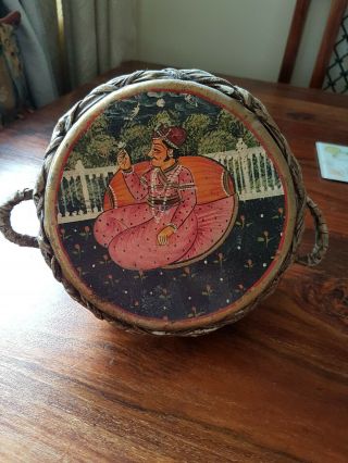 Old Indian Copper Drum With Handpainted Scene
