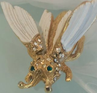 Vintage Pauline Rader Bee Brooch white wings crystals trembler signed 1960s RARE 3