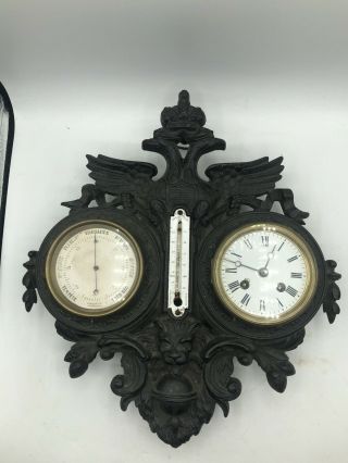 Rare German Double Eagle Head Motive Clock Thermometer & Barometer Made By Japy
