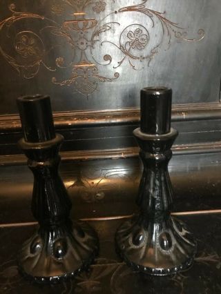 Victorian Gothic Black Glass Candlesticks