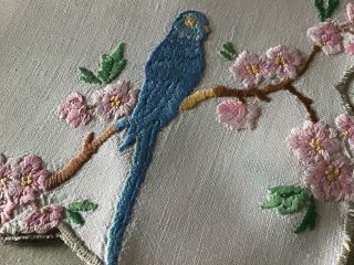 Gorgeous Vintage Linen Hand Embroidered Tray Cloth Blue Budgie/pink Blossoms