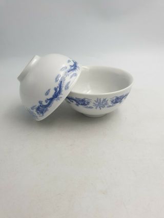 Chinese Porcelain Rice Soup Blue White Bowls Fierce Dragon Chasing Pearl 2pc Set