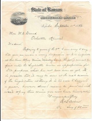 Antique 1886 Kansas Secretary Of State Civil War Document Signed By E.  B.  Allen