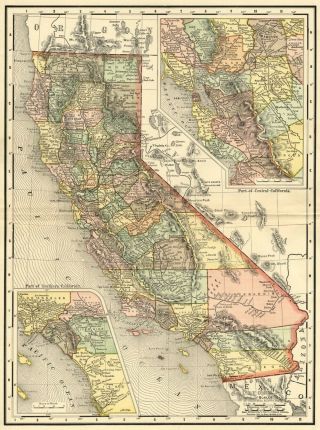 California Map: Authentic 1895 (dated) Showing Towns,  Counties,  Railroads & More