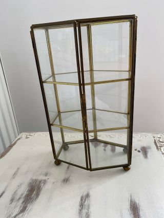 Antique Vintage Brass And Glass Miniature Display Cabinet For Jewellery & Curios