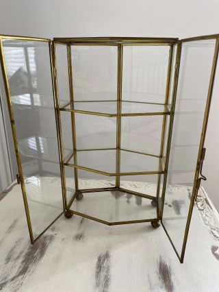 Antique Vintage Brass and Glass Miniature Display Cabinet For Jewellery & Curios 2