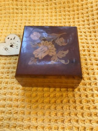 Vintage Wooden Flower Inlay Box With Velvet Lining