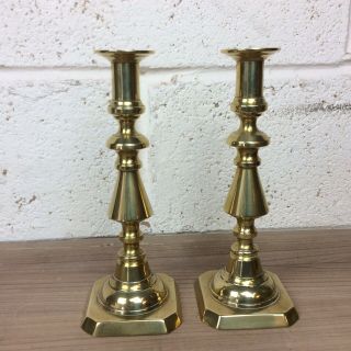 A Pair C19th Antique Solid Brass Ejector Candlesticks.  9.  75”