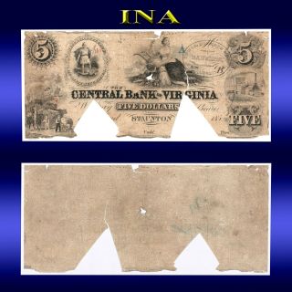 Staunton 1859 Central Bank Of Virginia $5 Civil War Cut - Canceled Rare