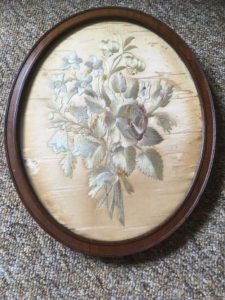 Vintage / Antique Oval Framed Needlework On Silk Picture